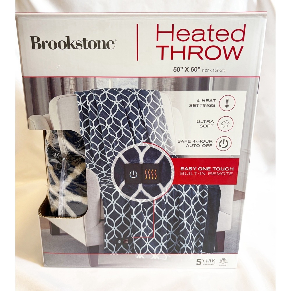 Brookstone Heated Throw Blue Trellis 4-Heat Settings Built-in Remote 50"x60"